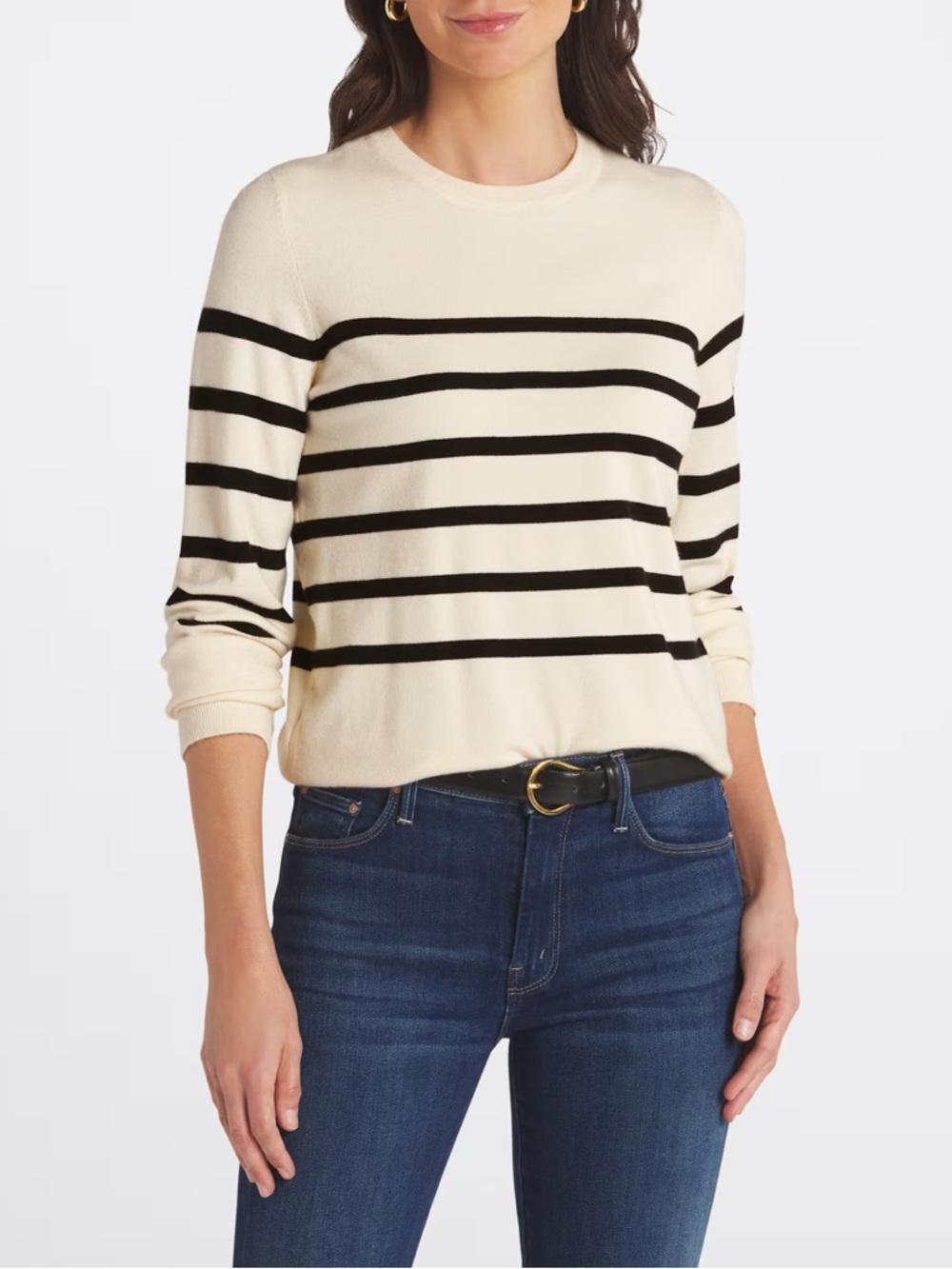 Cream and Black Striped Crewneck Sweater